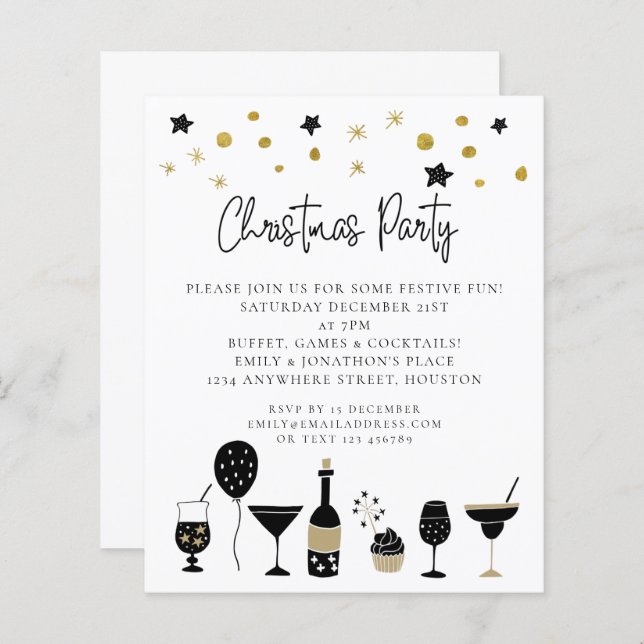 Budget Drinks Gold Black Christmas Party Invite (Front/Back)