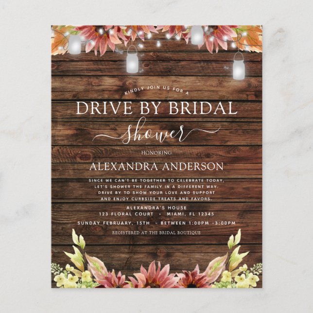 Budget Drive by Bridal Shower Rustic Sunflowers (Front)