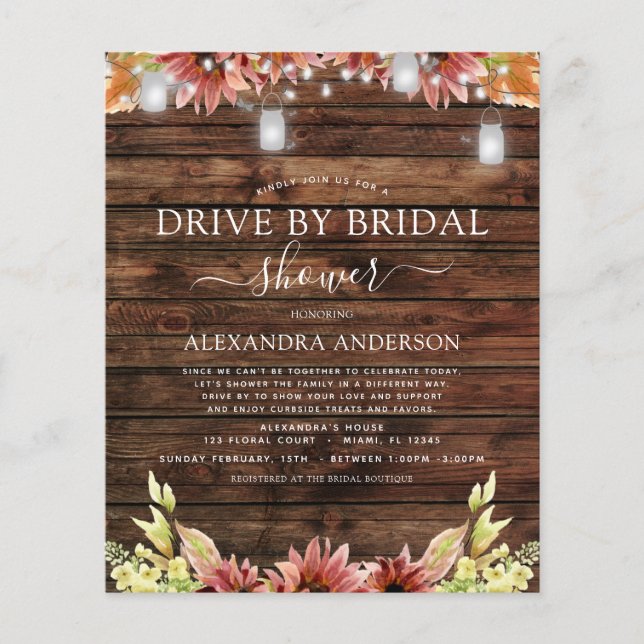 Budget Drive by Bridal Shower Rustic Sunflowers Flyer (Front)