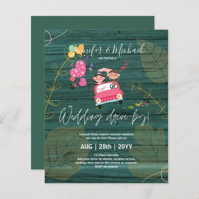 Budget Drive-BY Wedding Invites -Cartoon Couple (Front/Back)