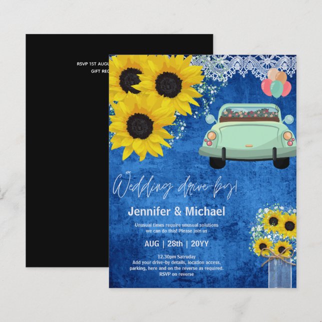 Budget Drive-BY Wedding Invites -Cartoon Couple (Front/Back)