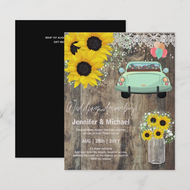 Budget Drive-BY Wedding Invites -Cartoon Couple (Front/Back)