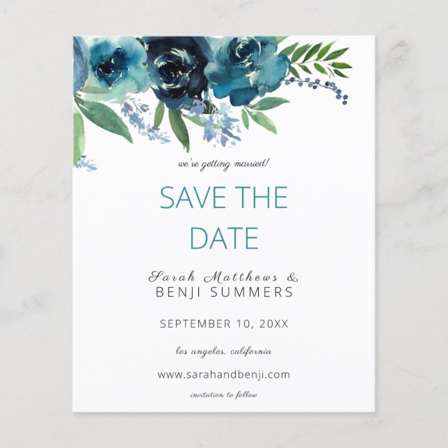 Budget Dusty Blue 2 Floral Save the Date V3 Flyer (Front)