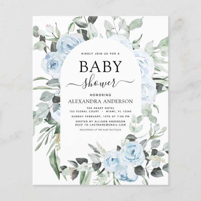 Budget Dusty Blue Baby Shower Floral Greenery Flyer (Front)