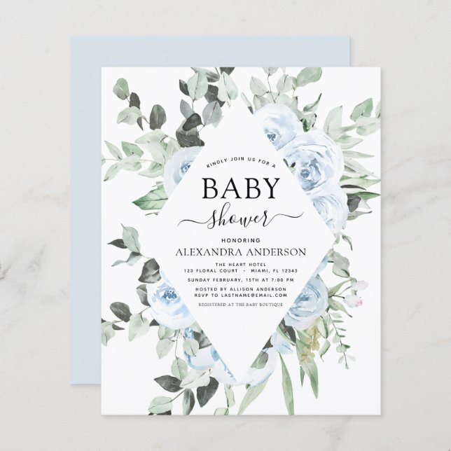 Budget Dusty Blue Baby Shower Floral Invitation (Front/Back)