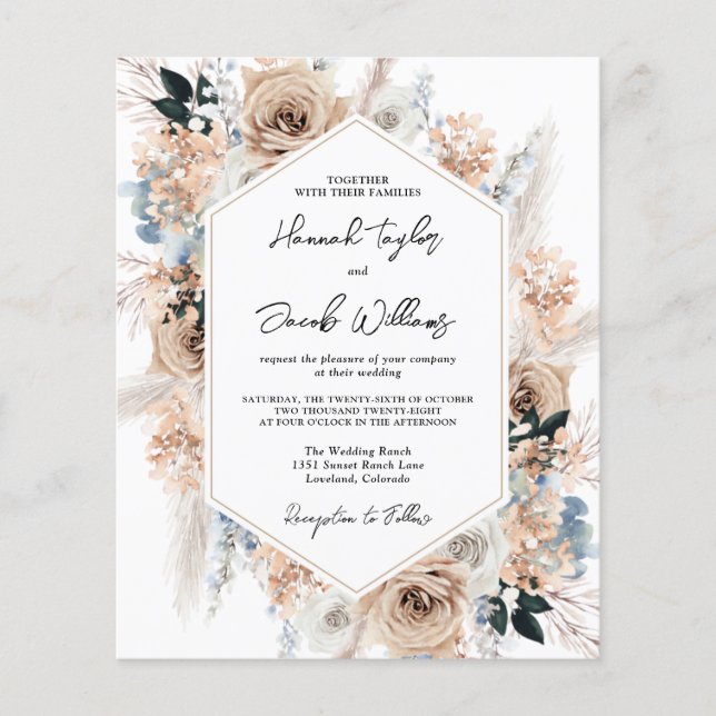 Budget Dusty Blue Beige Floral Wedding Invite (Front)