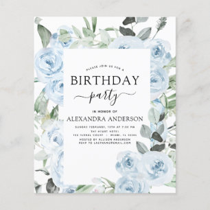 Budget Dusty Blue Birthday Party Floral Invitation Flyer