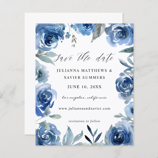 Budget Dusty Blue & Blue Floral Save the Date (Front/Back)