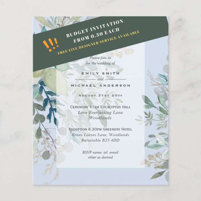 BUDGET Dusty Blue Blush Pink EUCALYPTUS Invitation Flyer (Front)