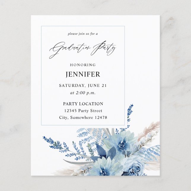 Budget Dusty Blue Boho Floral Graduation Party Flyer (Front)