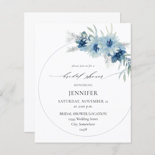 Budget Dusty Blue Boho Floral Ring Bridal Shower B (Front/Back)