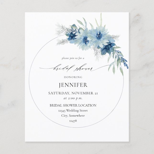 Budget Dusty Blue Boho Floral Ring Bridal Shower Flyer (Front)