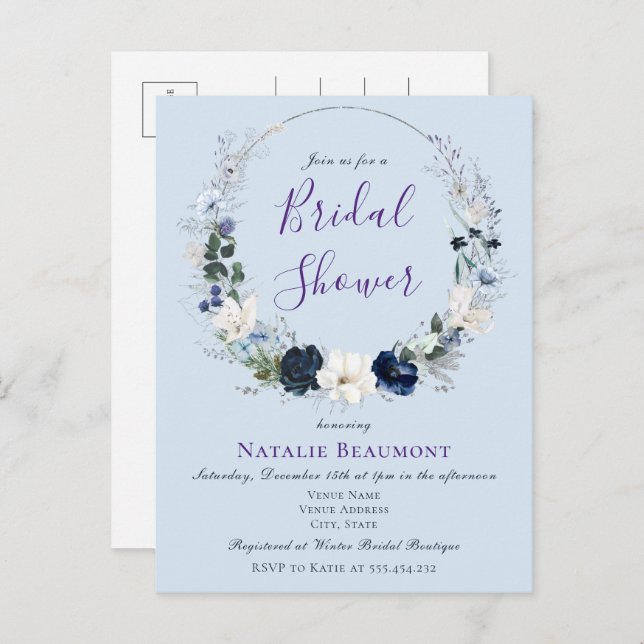Budget Dusty Blue Botanical Floral Bridal Shower Invitation Postcard (Front/Back)