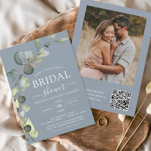 Budget Dusty Blue Bridal Shower QR Code Eucalyptus