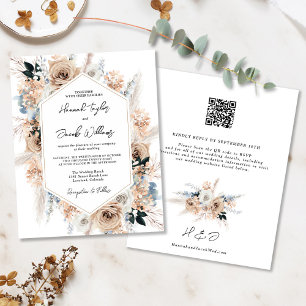 Budget Dusty Blue Champagne Wedding QR Code Invite