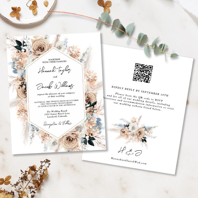 Budget Dusty Blue Champagne Wedding QR Code Invite (Creator Uploaded)
