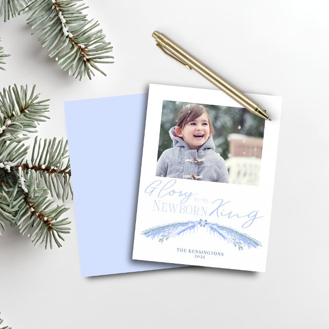 Budget Dusty Blue Christmas Pine Holiday Photo (Budget Dusty Blue Christmas Pine Holiday Photo Card)