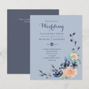 Budget Dusty Blue Coral Floral Wedding Invites