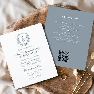 Budget Dusty Blue Crest Monogram Wedding QR Code
