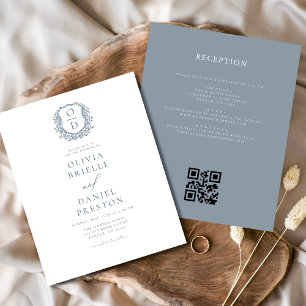 Budget Dusty Blue Crest Monogram Wedding QR Code Flyer
