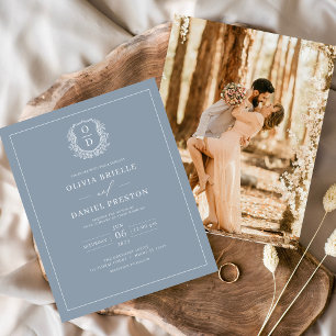 Budget Dusty Blue Crest Photo Wedding Invitation