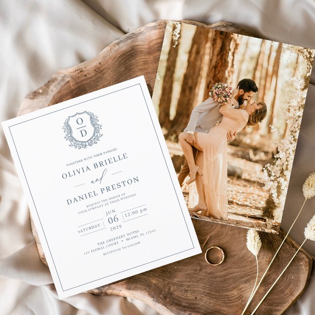 Budget Dusty Blue Crest Photo Wedding Invitation Flyer (Creator Uploaded)