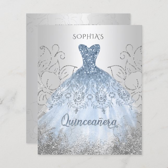 Budget Dusty Blue Dress Quinceañera Invitation (Front/Back)