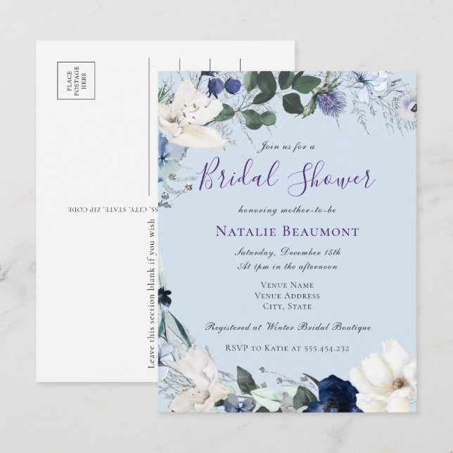 Budget Dusty Blue Elegant Floral Bridal Shower Invitation Postcard (Front/Back)