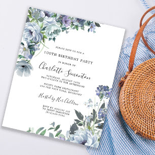 Budget Dusty Blue Floral 100th Birthday Invitation