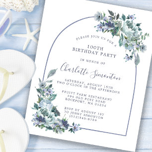 Budget Dusty Blue Floral 100th Birthday Invitation