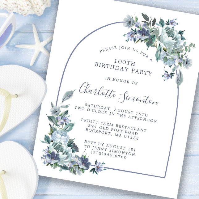 Budget Dusty Blue Floral 100th Birthday Invitation (Creator Uploaded)