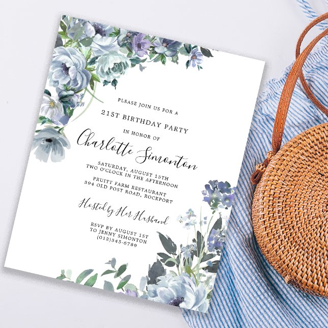 Budget Dusty Blue Floral 21st Birthday Invitation (Creator Uploaded)