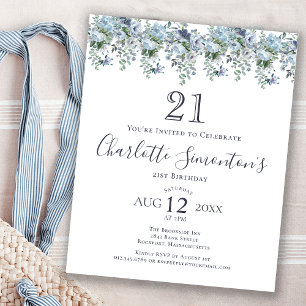 Budget Dusty Blue Floral 21st Birthday Invitation