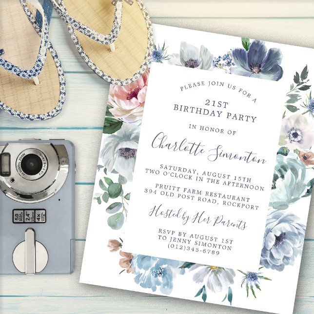 Budget Dusty Blue Floral 21st Birthday Invitation (Creator Uploaded)