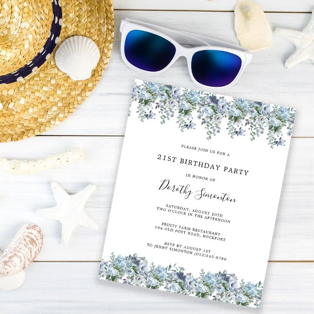 Budget Dusty Blue Floral 21st Birthday Invitation (Creator Uploaded)