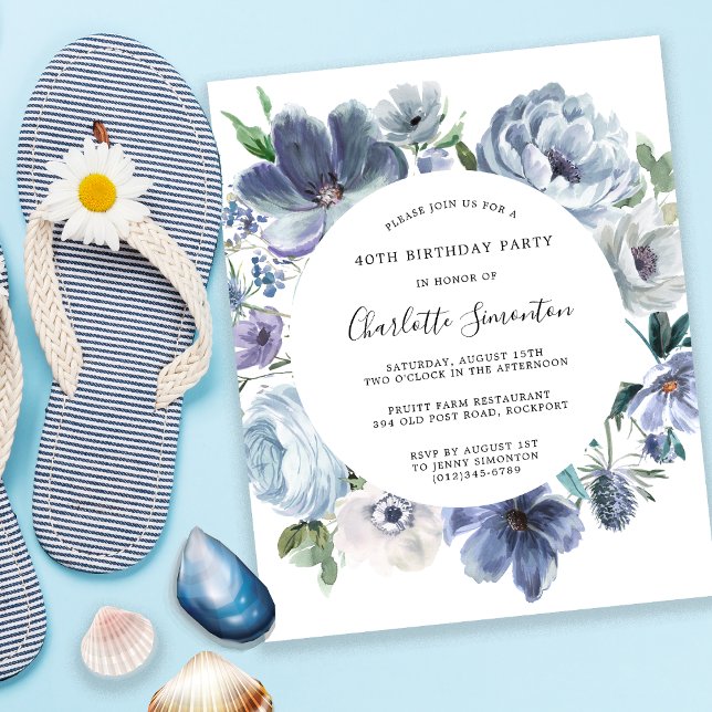 Budget Dusty Blue Floral 40th Birthday Invitation (Creator Uploaded)