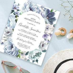 Budget Dusty Blue Floral 40th Birthday Invitation