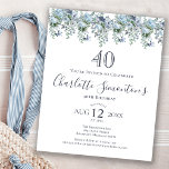 Budget Dusty Blue Floral 40th Birthday Invitation<br><div class="desc">A dusty blue peony and wildflowers decorate a pretty birthday invitation. Modern calligraphy adds to the Boho Vibe.</div>