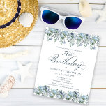 Budget Dusty Blue Floral 70th Birthday Invitation<br><div class="desc">Dusty blue flowers create top and bottom borders on this elegant birthday invitation. Classic script calligraphy adds a beautiful touch. This item is party of the Dusty Blue floral collection.</div>