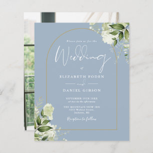 Budget Dusty Blue Floral Arch Photo Wedding Invite