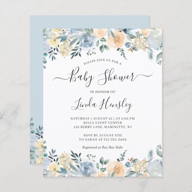 Budget Dusty Blue Floral Baby Shower Invitation (Front/Back)