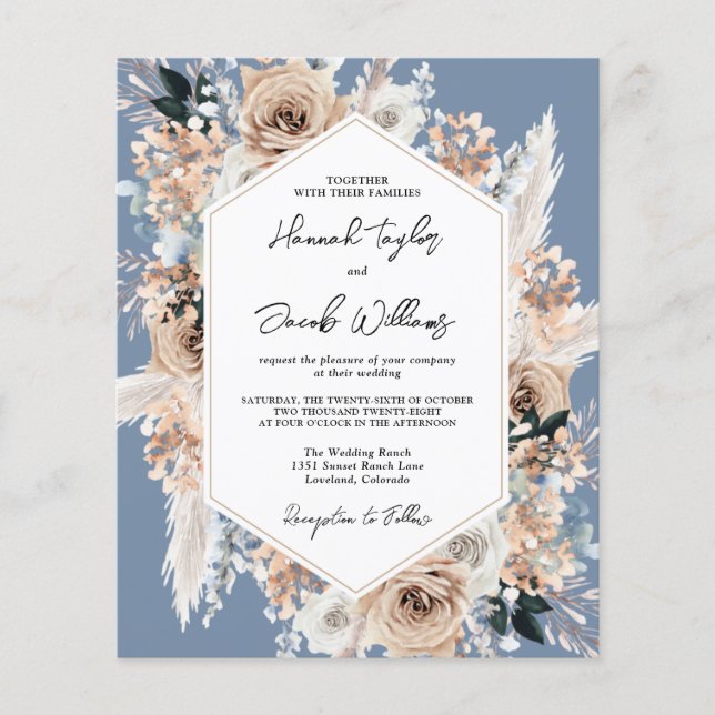 Budget Dusty Blue Floral Boho Wedding Invitation (Front)