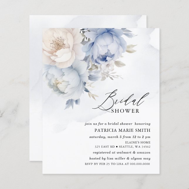 Budget Dusty Blue Floral Bridal Shower Invitations (Front/Back)