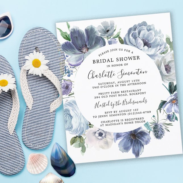 Budget Dusty Blue Floral Bridal Shower Invite (Coastal Chic Dusty Blue Bridal Shower Invitation)