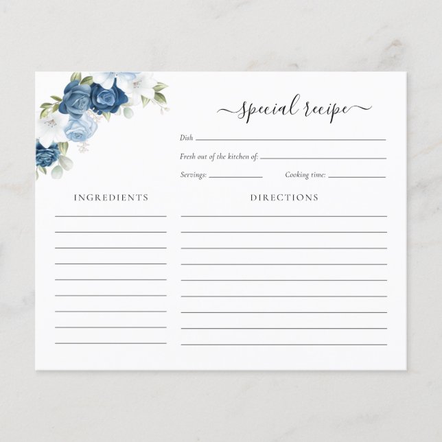 Budget Dusty Blue Floral Bridal Shower Recipe Card (Front)