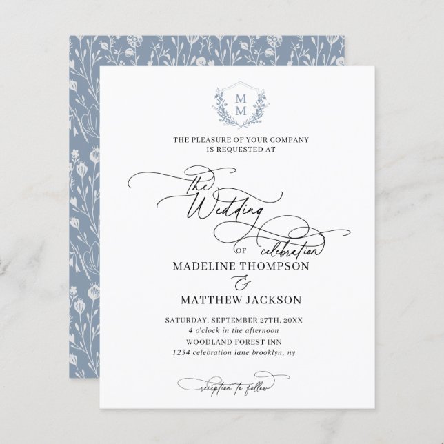 Budget Dusty Blue Floral Crest Monogram Wedding (Front/Back)