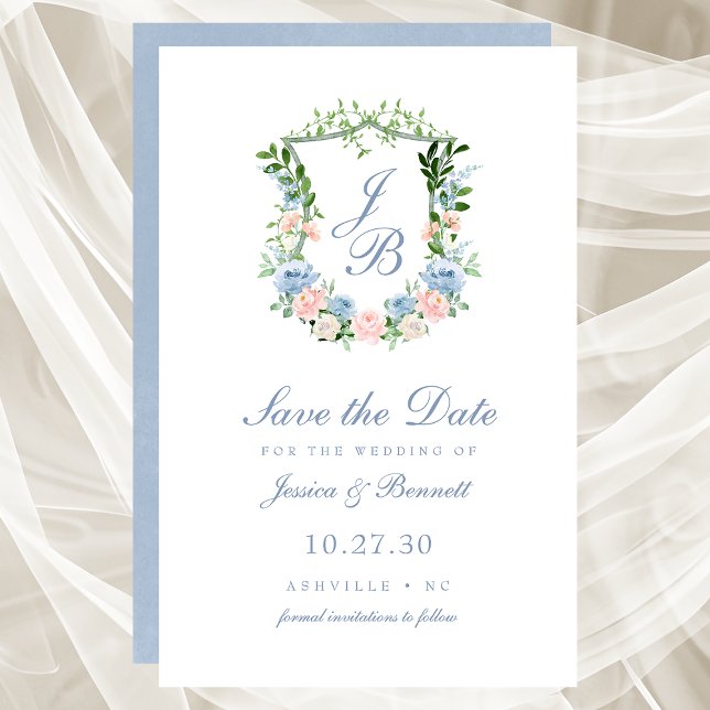 Budget Dusty Blue Floral Crest Save the Date (Creator Uploaded)