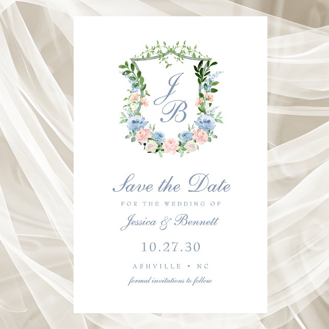 Budget Dusty Blue Floral Crest Save the Date (Creator Uploaded)