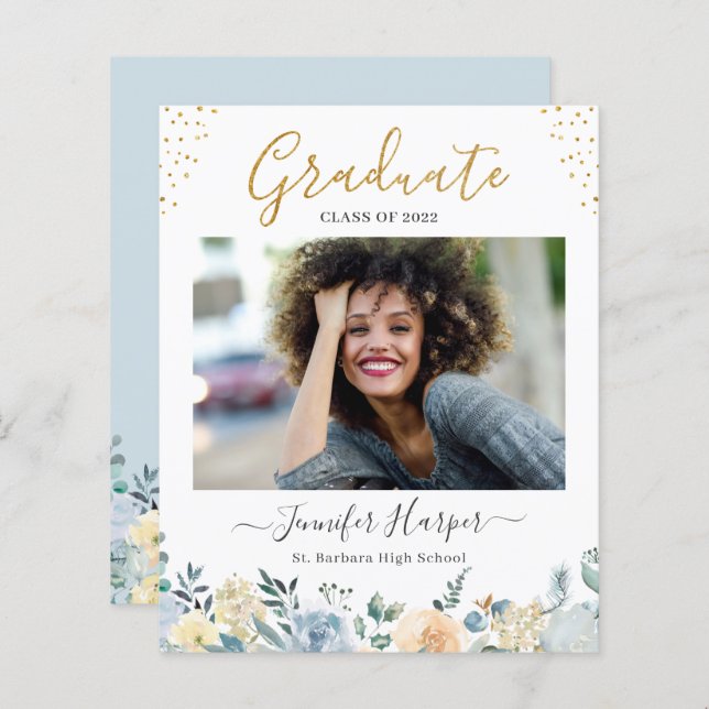 Budget Dusty Blue Floral Graduation Announcement (Front/Back)