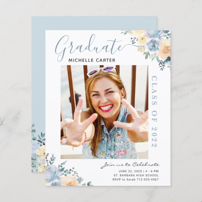 Budget Dusty Blue Floral Graduation Announcement (Front/Back)